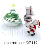 Poster, Art Print Of Santa Claus Smiling And Carrying A Stack Of Christmas Presents To Put Them Under A Green Spiral Christmas Tree