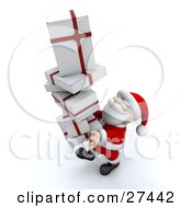 Santa Claus Smiling And Carrying A Tall Stack Of White And Red Christmas Presents