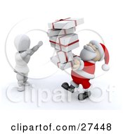 Poster, Art Print Of White Character Standing And Holding His Arms Up To Take A Stack Of Presents From Santa Claus