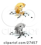 Poster, Art Print Of Gold And Silver Euro Currency Signs Crashing Down Into A White Surface With Black Cracks