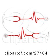 Clipart Illustration Of Two Red And Silver Stethoscopes With Heart Rate Waves Traveling Down The Cord by Frog974 #COLLC27464-0066