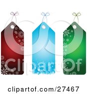 Clipart Illustration Of A Collection Of Three Red Blue And Green Snowflake Patterned Christmas Gift Tags by KJ Pargeter