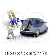 Poster, Art Print Of White Character Carrying A Stack Of Christmas Presents And Loading Them Into The Trunk Of A Blue Compact Car