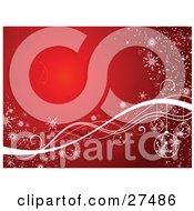 Poster, Art Print Of Red Background With Ornaments Waves And Snowflakes In White