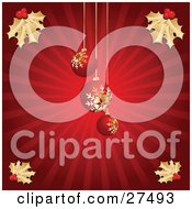 Poster, Art Print Of Three Red Christmas Tree Ornaments With Golden Snowflake Patterns Hanging Over A Bursting Red Background With Gold Holly In The Corners