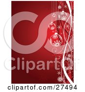 Poster, Art Print Of Red And White Snowflake Ornaments And Ribbons Suspended Over A Red Background