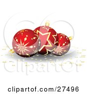 Poster, Art Print Of Three Red And Gold Star Patterned Christmas Ornaments With Gold Star Confetti On A White Background
