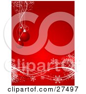 Poster, Art Print Of Three Red Christmas Tree Ornaments Suspended Over A Red Background With Red And White Waves And Snowflakes