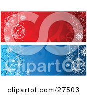 Red And Blue Web Site Banners Of White Ornaments And Snowflakes On Backgrounds With Swirls