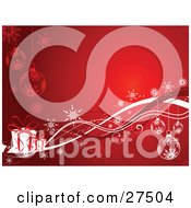 Poster, Art Print Of Glowing Red Background With Snowflake Ornaments Snowflakes And White Gifts With Red Ribbons