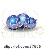 Poster, Art Print Of Three Blue And Silver Star Patterned Christmas Ornaments With Gold Star Confetti On A White Background
