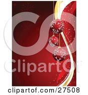 Poster, Art Print Of Three Red Snowflake Patterned Ornaments Suspended Over A Red Background With Snowflakes And Waves