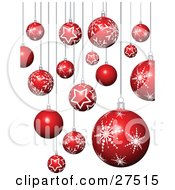 Clipart Illustration Of A Background Of Red And White Christmas Tree Ornaments With Star And Snowflake Patterns Suspended Over White