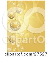 Four Golden Christmas Baubles With Snowflake Patterns Suspended Over A Gold Swirl Background
