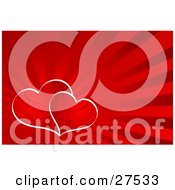 Poster, Art Print Of Bursting Red Background With Two Patterned Hearts Traced In White