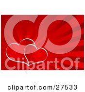 Clipart Illustration Of A Bursting Red Background With Two Patterned Hearts Traced In White