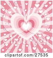 Bursting Red And Pink Background With A Big Heart In The Center And Small Hearts Scattered