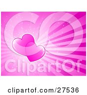 Clipart Illustration Of Two Pink Hearts Over A Pink Bursting Background With Sparkles And Hearts
