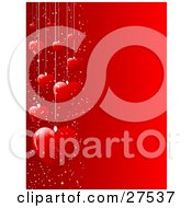 Clipart Illustration Of A Group Of Suspended Red Hearts And White Sparkles Along The Left Edge Of A Red Background