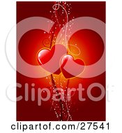 Red Vertical Background Of Two Hearts On Red Strings With Sparkles