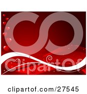 Poster, Art Print Of Red Horizontal Background With White And Red Waves And Hearts Along The Left Edge