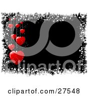 Clipart Illustration Of Red Hearts Hanging Over A Black Background Bordered By White Grunge And Hearts