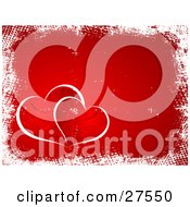 Clipart Illustration Of Two Red Patterned Hearts Outlined In White In The Corner Of A Red Background Bordered With White Dotted Grunge