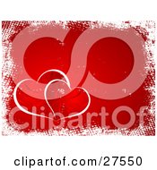 Poster, Art Print Of Two Red Patterned Hearts Outlined In White In The Corner Of A Red Background Bordered With White Dotted Grunge