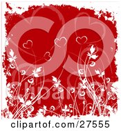 Clipart Illustration Of A Red Background Of Hearts Bordered By White Grunge And Plants