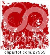 Poster, Art Print Of Red Background Of Hearts Bordered By White Grunge And Plants