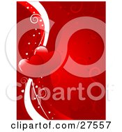 Poster, Art Print Of Two Hearts On White And Red Lines Bordered By Small White Hearts On A Red Background With Scrolls