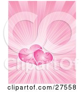 Poster, Art Print Of Two Pink Patterned Hearts Outlined In White Over A Bursting Pink Background