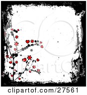 Grunge White Background Bordered By Black With A Black Plant With Red Flowers And Hearts