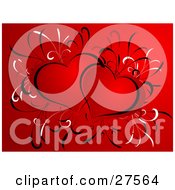 Clipart Illustration Of Two Red Hearts Outlined In Black With White And Black Grasses