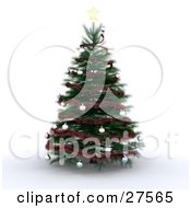 Poster, Art Print Of Realistic Looking Christmas Tree With Red Tinsel Silver Ornaments And A Golden Star