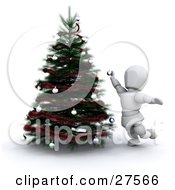 White Character Reaching While Decorating A Christmas Tree With Ornaments