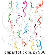 Clipart Illustration Of A Background Of Colorful Green Blue Purple Pink Yellow And Orange Party Streamers And Confetti Over A White Background by KJ Pargeter #COLLC27568-0055
