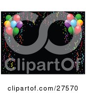Black Background Bordered By Colorful Party Streamers Confetti And Party Balloons
