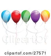 Row Of Blue Red Green Purple And Orange Party Balloons With Matching Strings