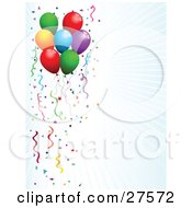 Bursting White And Blue Background Bordered By Colorful Party Balloons Streamers And Confetti On The Left Side