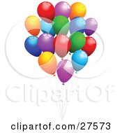 Poster, Art Print Of Bunch Of Red Purple Orange Blue And Green Party Balloons With Strings Floating In The Air