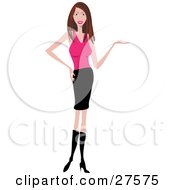 Clipart Illustration Of A Slim Brunette Caucasian Woman In A Pink Shirt Black Skirt And Boots Holding Her Arm Out And Shrugging Or Presenting Something