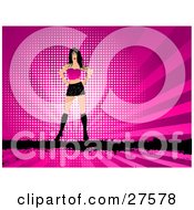 Poster, Art Print Of Sexy Black Haired Caucasian Woman In A Pink Top Black Mini Skirt And Tall Boots Standing Over A Black Grunge Bar Over A Bursting Pink Background