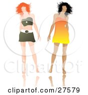 Two Fashionable Women In A Dress And Mini Skirt Walking Side By Side Over White