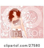 Clipart Illustration Of A Sexy Faceless Woman In A Brown Top And Mini Skirt Standing In Front Of A Pink And White Floral Background