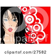 Clipart Illustration Of A Pretty Blue Eyed Black Haired Woman With Red Lips Over A Red And White Circle Background