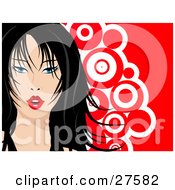 Poster, Art Print Of Pretty Blue Eyed Black Haired Woman With Red Lips Over A Red And White Circle Background