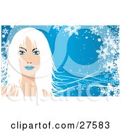 Poster, Art Print Of Pretty Blue Eyed White Haired Caucasian Woman Wearing Blue Lipstick Facing Front Over A Blue Background With Snowflakes