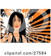 Poster, Art Print Of Pretty Black Haired Woman In A Black Shirt Facing Front Over A White Grunge Splatter And Bursting Orange And Black Background