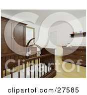 Poster, Art Print Of Babys Nursery Room With A Teddy Bear Mobile Over The Crib Wood Flooring And Wood Furniture